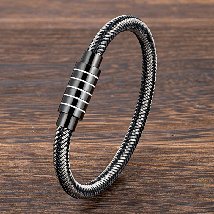 New Cross Border Steel Wire Woven Vintage Leather Bracelet Fashion Stainless Steel Magnetic Clasp Bracelet Men's Jewelry Wholesale