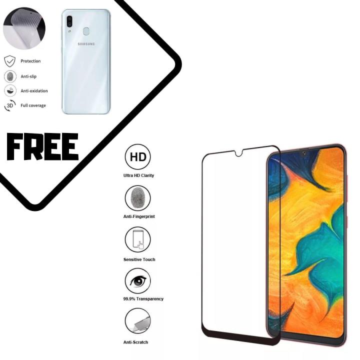 Now BUY 9D Full Edge to Edge Coverage Full Glue Tempered Glass for Samsung Galaxy A30_Black Color and Get a FREE Transparent 3D Carbon Fiber Back Protective Film