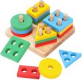 Wooden Intellectual Geometric Shape Matching Four Column Blocks Educational & Learning Toys, Wooden Geometric Shape Sorter Puzzle. 