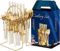 Openi - 24 Pcs Household Cutlery Set with Hanging Rack - Independent Storage And Easy To Use - Durable Stainless Steel Material - Fork, Spoon, Knife, Tea Spoon Set And White Marble Design Handle. 