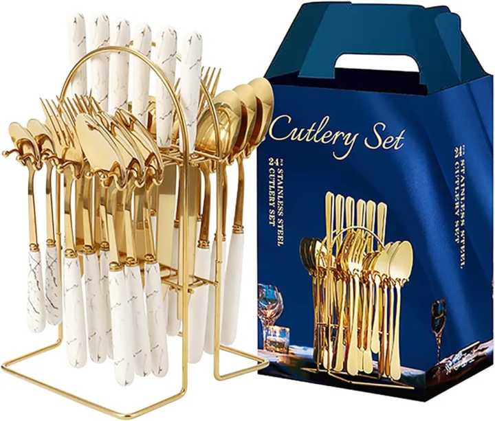 Openi - 24 Pcs Household Cutlery Set with Hanging Rack - Independent Storage And Easy To Use - Durable Stainless Steel Material - Fork, Spoon, Knife, Tea Spoon Set And White Marble Design Handle