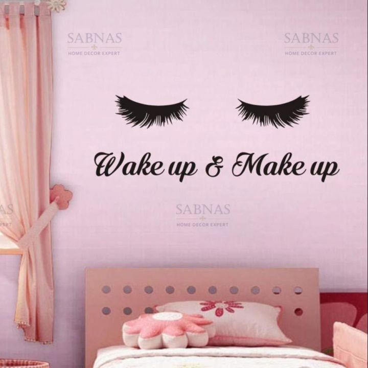 Sabnas Wakeup And Makeup Lashes 24 X 8 Inches Wall Decal Sticker Decor Vinyl Self Adhesive For girls Rooms bed Room home parlors woman black Color