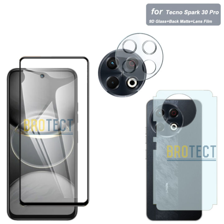 3 in 1 Tecno Spark 30 Pro 9D 21D Tempered Glass Screen Protector + Back Matte Protector Soft Skin Sheet Film + Camera Lens Glass Protector 9H Full Glue For tecno spark30 pro - Transparent