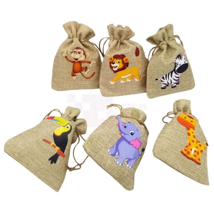 JUNGLE PARTY JUTE BAGS - JUNGLE THEME JUTE BAGS - PACK OF 6 JUNGLE JUTE BAGS