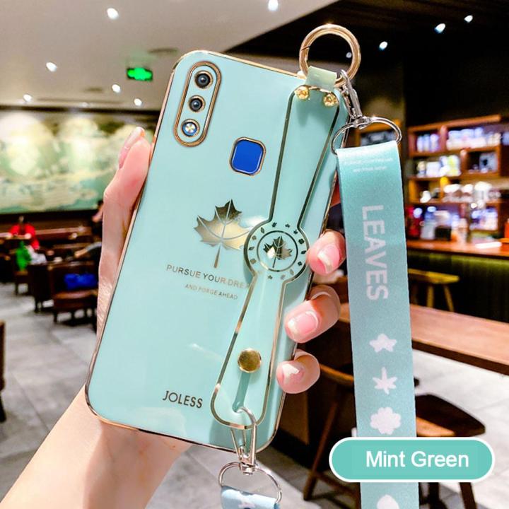 For Vivo Y91 Back Cover with Lanyard + Wristband Fashion Shiny Maple Leaf Plating Bumper Stand Holder Case Camera Protection Soft Silicone Mobile Phone Cases