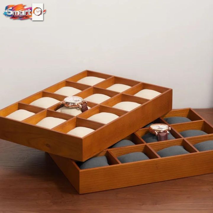 12 Slots Natural Oak Wood Cedar Wood Watch Organizer Tray With Lacquer Smart Watch Storage Case