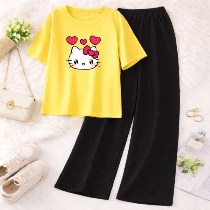 ZRK Garments -  2 Piece Set For Women Kitty Printed Half Sleeves T Shirt with Trouser Soft Jersey Fabric Casual Daily Wear For Girls and Kids