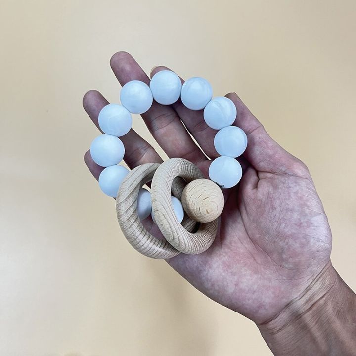 Lillilopo 1 Pcs Baby Rattle Toy BPA Free Silicone 19mm Round Beads Wooden Teether Ring