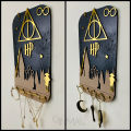 Harry Potter Deathly Hallows Black and Gold Wall Art Wooden Key Holder and Jewelry Organizer, Key Hanger and Jewelry Hanger, Home and Room Deocration Items, Wall Decoration Items, Aesthetic Room Decor. 