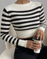 bellylady Omens Cropped Striped Sweaters Oversized Batwing Long Sleeve Crew Neck Crop Tops Knit Pullover. 