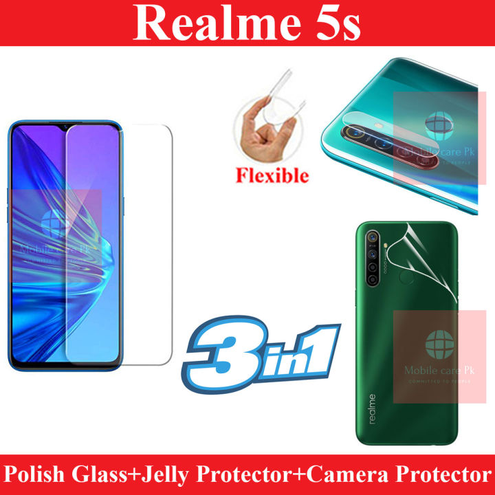 Realme 5s Tempered Glass Screen Protector + Back Hydrogel Soft Film jell Protector Sheet + Flexible Camera Protector 9H Gorilla Protector For Realme 5s
