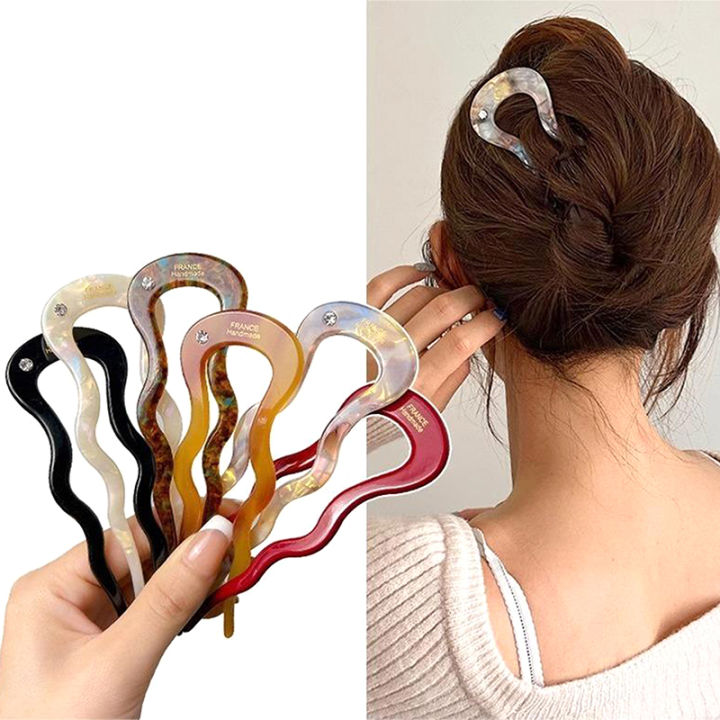 French Twist Acetate Hair Stick, U Shaped Wavy Hairpin, Vintage Tortoise Shell, 12.5cm