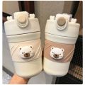 Cute Teddy Bear Mug With Straw insulated 450ml Thermos Mug Stainless Steel Double Wall Vacuum Flask Water Bottle. 