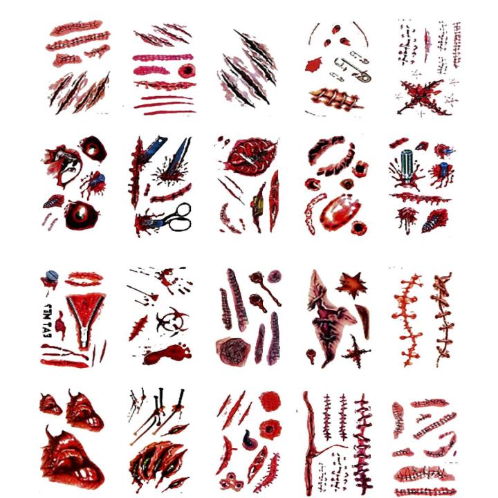 DESCENTE Zombie Bite Tattoo Cosplay Realistic Fake Blood Scars Halloween Zombie Makeup Tattoo Stickers Waterproof Temporary Wound Prank Props Set of 20 Buyers' Favorite