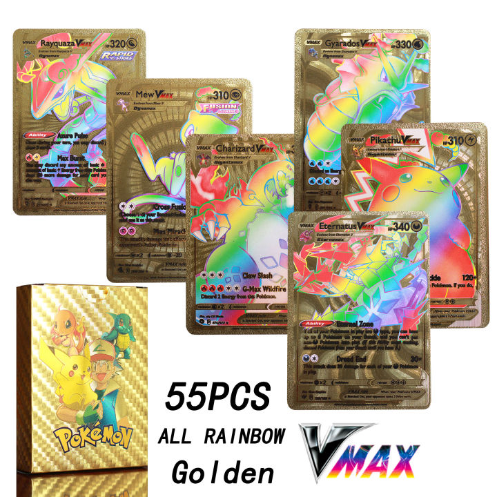 Silver Rainbow Golden Foil Pokemon Cards Pikachu Anime English French German Spanish Plastic Card Kids Gift