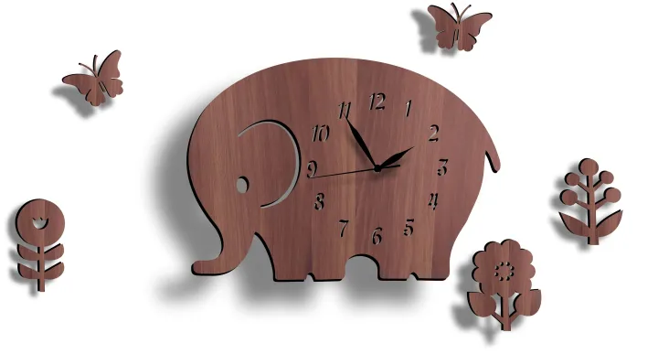 Elephant%20Nursery%20Clock,%20Elephant%20Shape%20Wooden%203D%20Wall%20Clock%20With%20Butterflies%20&%20Plants%20-%20Image%202