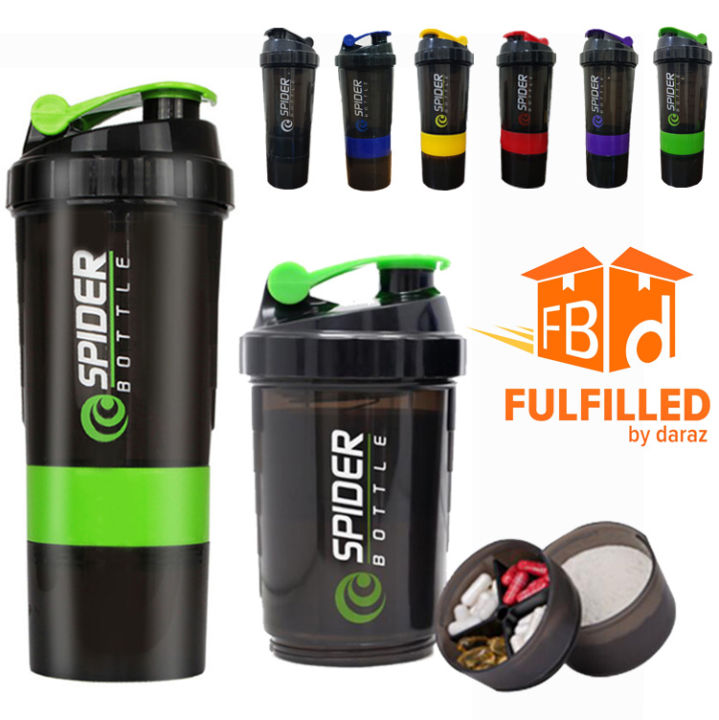 3-in-1 Spider  Protein Shaker Bottle Sports Gym Water Bottle Multi-Purpose Shaker with Extra Supplement and Pill Capsule Storage BPA Free Plastic Easy Grip Leak Proof-500ml