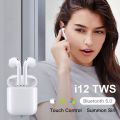 i12 Double Wireless Bluetooth Hand Free with Power Bank AirPod Stereo Earphones White bluetooth ear phone for all cell phones use-Color Family:Black. 
