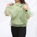 Women Stylish Organza Puffy Sleeves Top With Bow Tie Neck In Pastel Green. 
