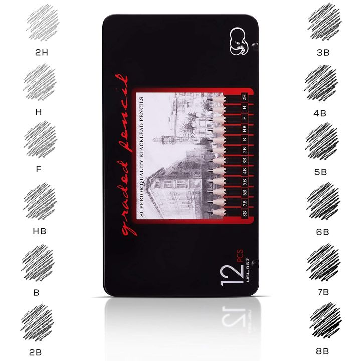 Professional Sketching Drawing Pencil Set - 12 Pieces Drawing Pencils 8B, 7B, 6B, 5B, 4B, 3B, 2B, B, HB, F, H, 2H Art Pencils Graphite Pencils for Beginners & Pro Artists