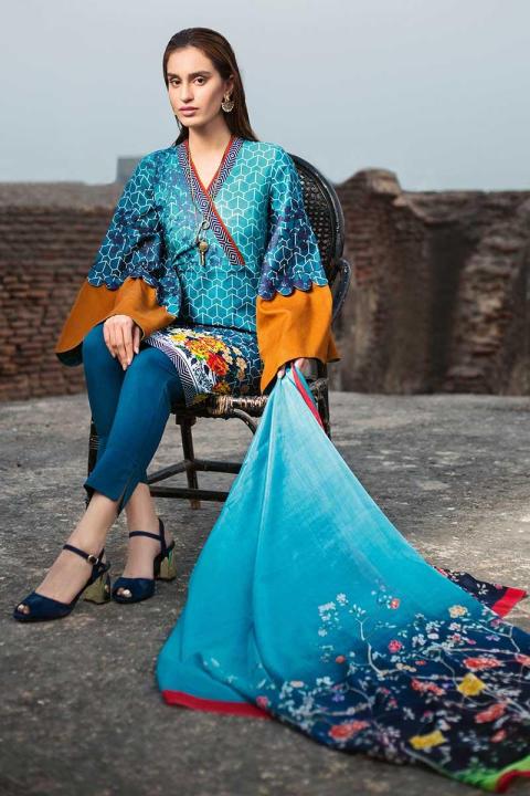 GA - GA - Gul Ahmed-Summer Collection 2019  D.Blue Silk Collection-3 PC Unstitched-SS-167 -196016"