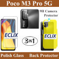 Pack of 3 - Xiaomi Poco M3 Pro 5G Tempered Glass Screen Protector 2.5D Polish Glass + Back Protector Hydrogel Soft TPU Clear Jelly Film Protection With Sides Cover + 9H Flexible Camera Glass Lens Protector For poco m3 pro 5G - Transparent. 