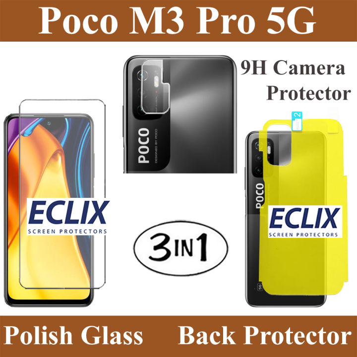Pack of 3 - Xiaomi Poco M3 Pro 5G Tempered Glass Screen Protector 2.5D Polish Glass + Back Protector Hydrogel Soft TPU Clear Jelly Film Protection With Sides Cover + 9H Flexible Camera Glass Lens Protector For poco m3 pro 5G - Transparent