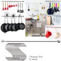 Wall Mount Kitchen Rail Set Utensils Pot Lid Storage Hanging 12 Hooks Organizer With Rod. 