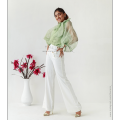 Women Stylish Organza Puffy Sleeves Top With Bow Tie Neck In Pastel Green. 