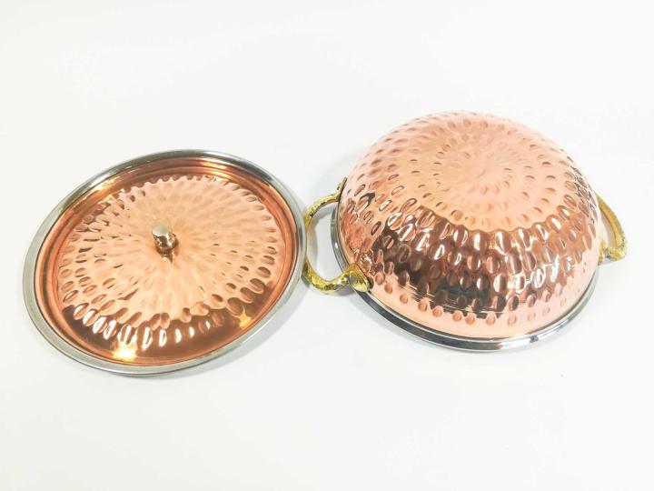 Copper Stainless Steel Serving Dish - 7inch Karahi with Lid (900ml Capacity)