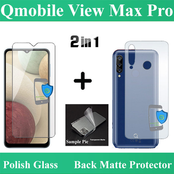 QMobile_View Max Pro Tempered Glass Screen Protector 2.5D Polish Guard + Back Matte Protector Soft Skin Sheet Film Protection Carbon Fiber With Sides Cover For QMobileView Max Pro - Transparent