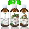 Set of 3  Castor oil  Coconut Oil  Glycerin Oil - 100% Pure & Natural Best for Skin & Hair care Recipes. 
