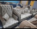 Royal Design Tufted Sofa Set - Tufted Back  Curved Arms  Relaxer Back  Printed J Card Fabric Seats  Velvet Fabric - 5 Seater. 